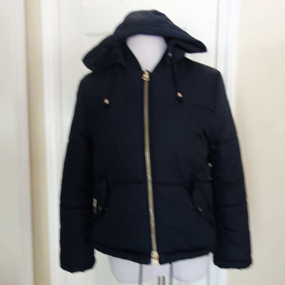 EUC TOPSHOP Black Hooded Puffer Jacket Gold Tone Zipper – Wmns 6